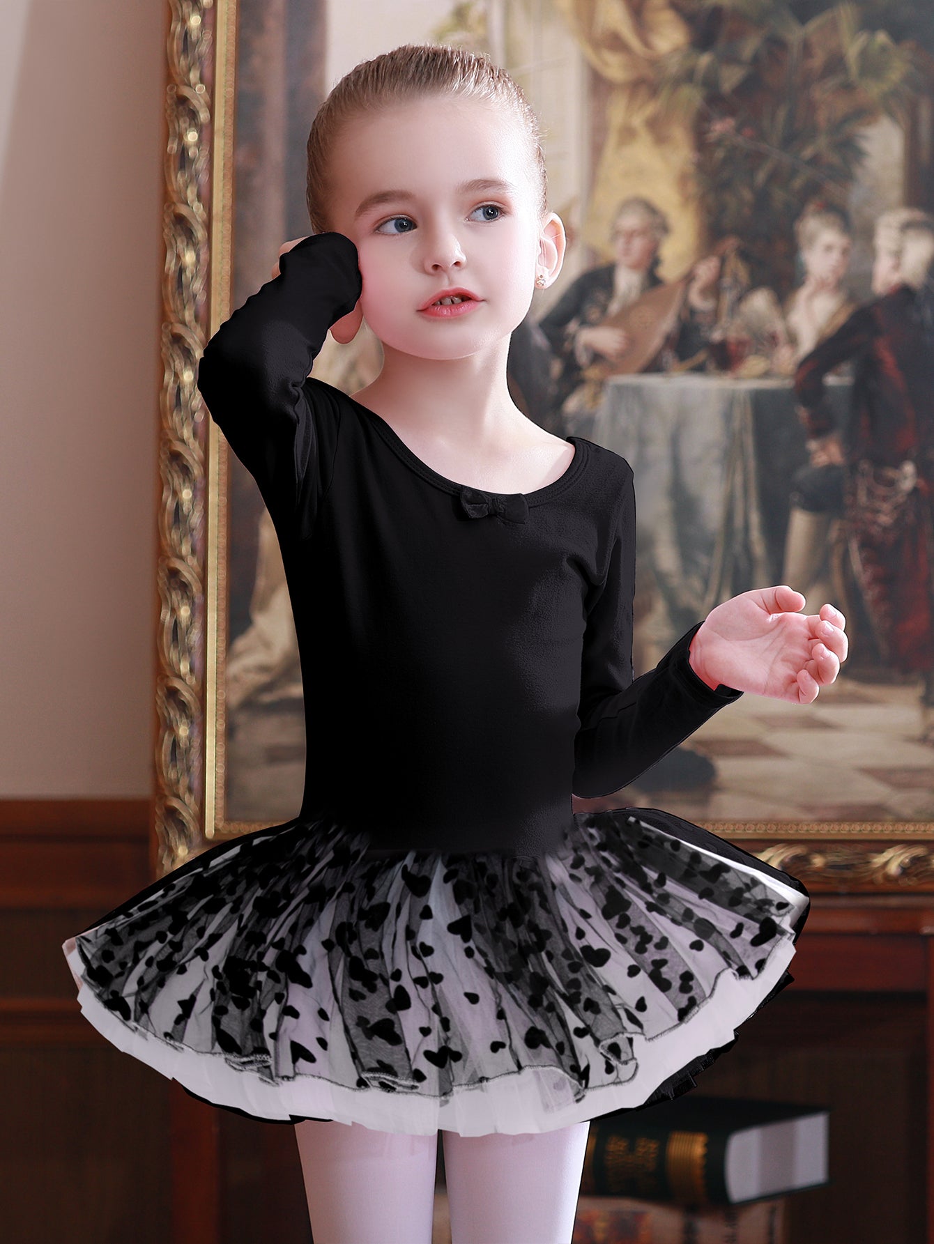 Girl's Bow Lace Tulle Tutu Mesh Long Sleeve Ballet Dance Dress