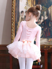 Girl's Bow Lace Tulle Tutu Mesh Long Sleeve Ballet Dance Dress