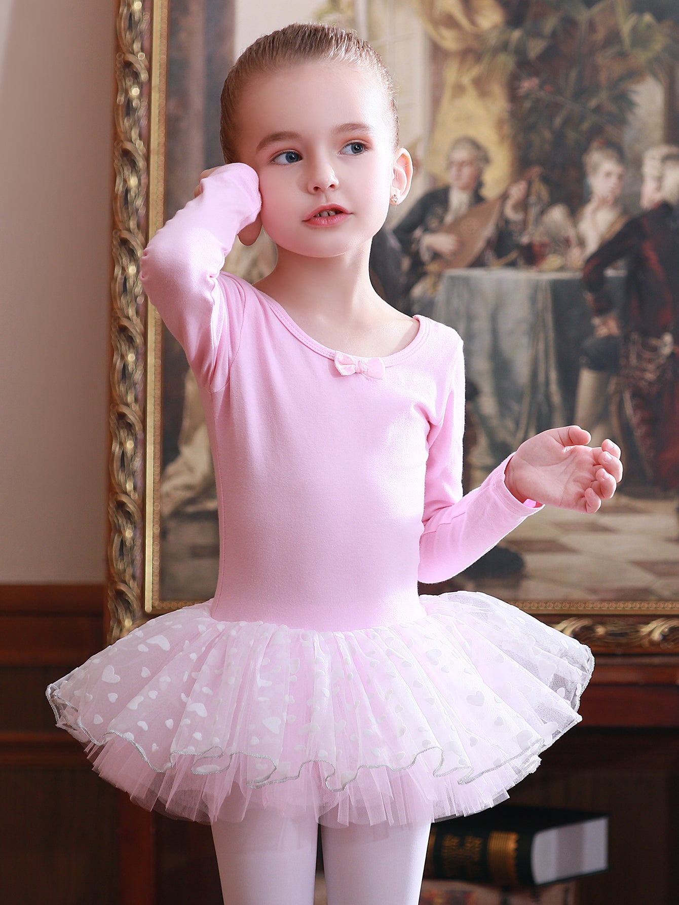 Girl's Bow Tulle Tutu Mesh Ballet Dress Long Sleeve