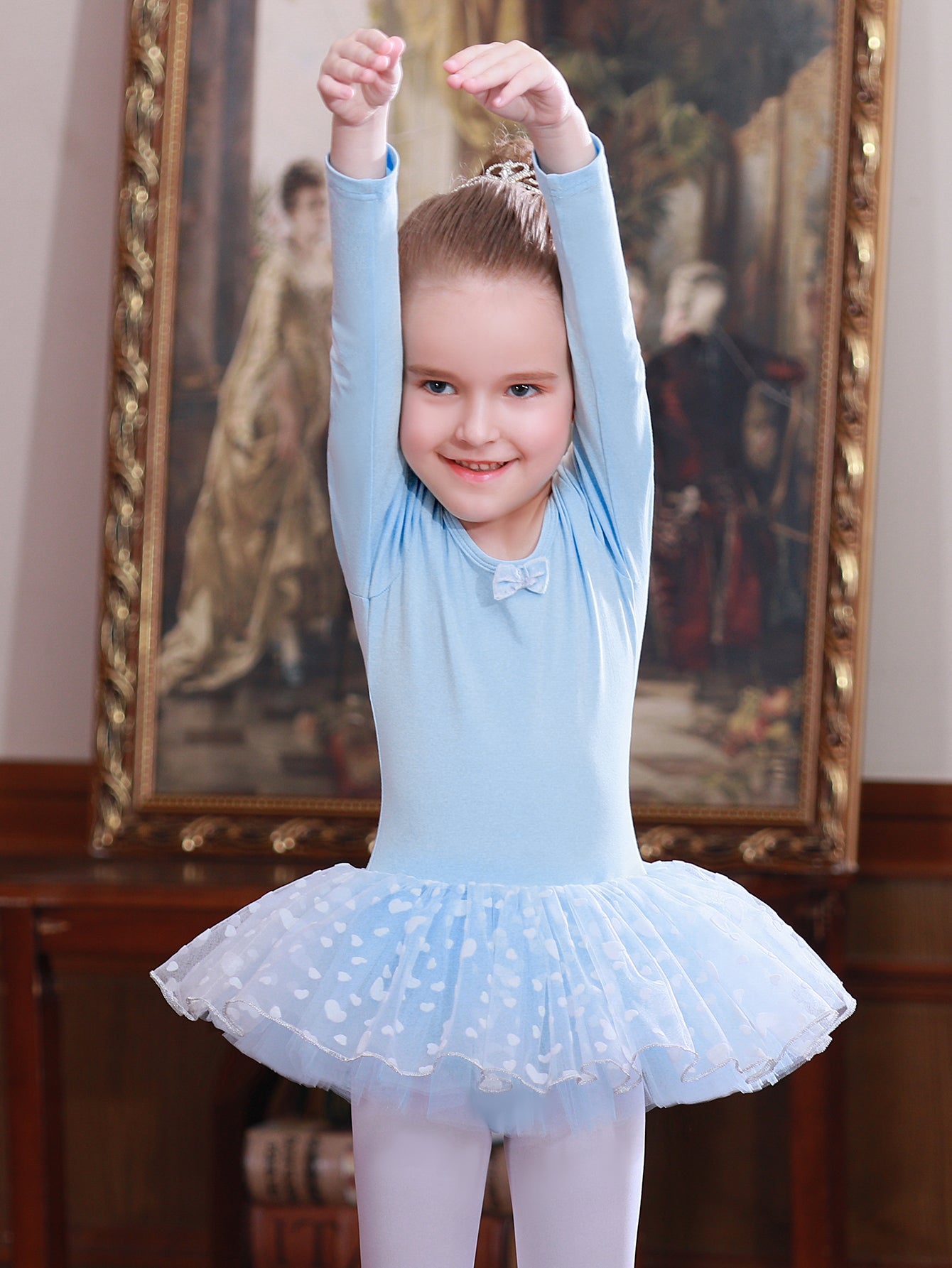 Girl's Bow Tulle Tutu Mesh Ballet Dress Long Sleeve