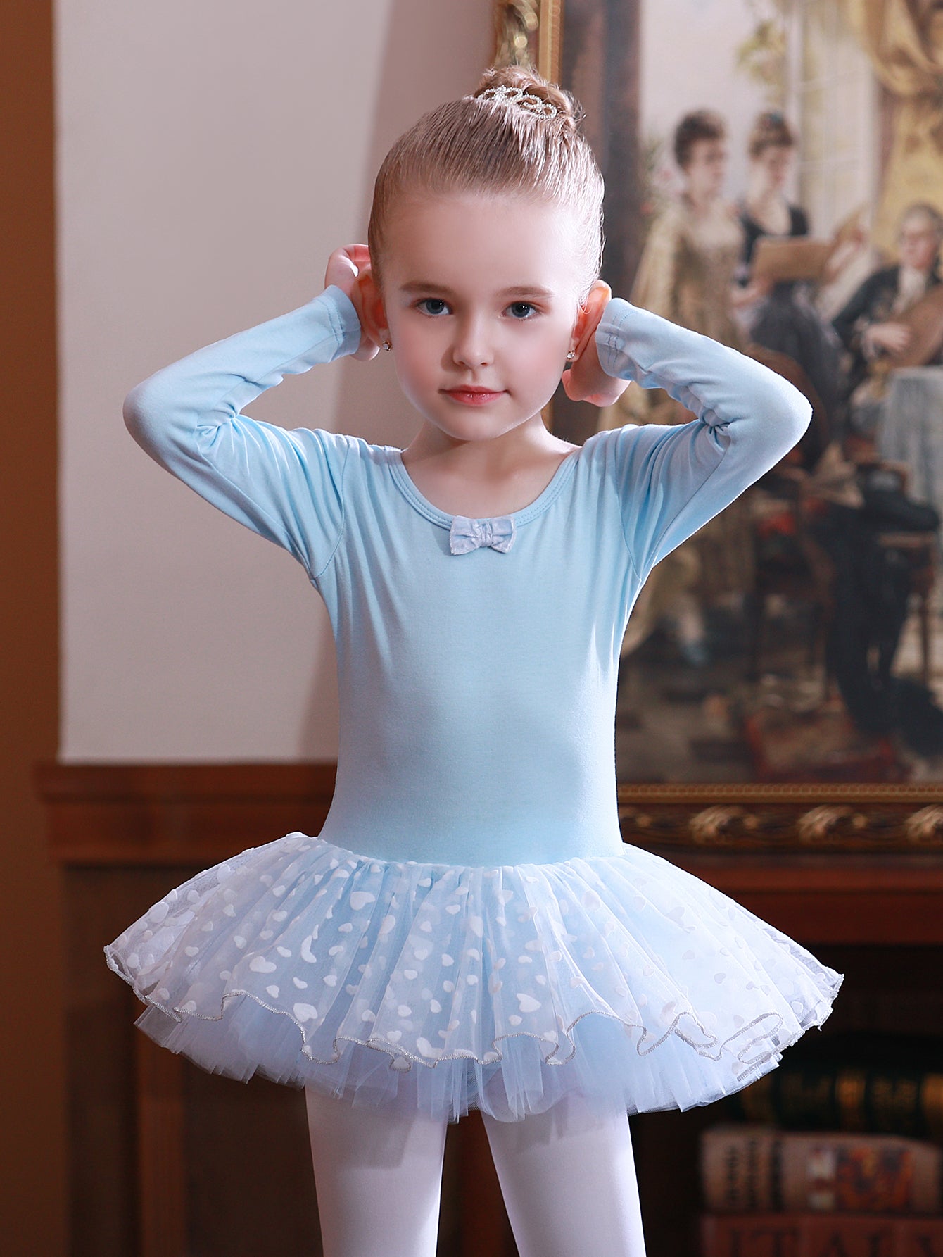 Girl's Bow Tulle Tutu Mesh Ballet Dress Long Sleeve