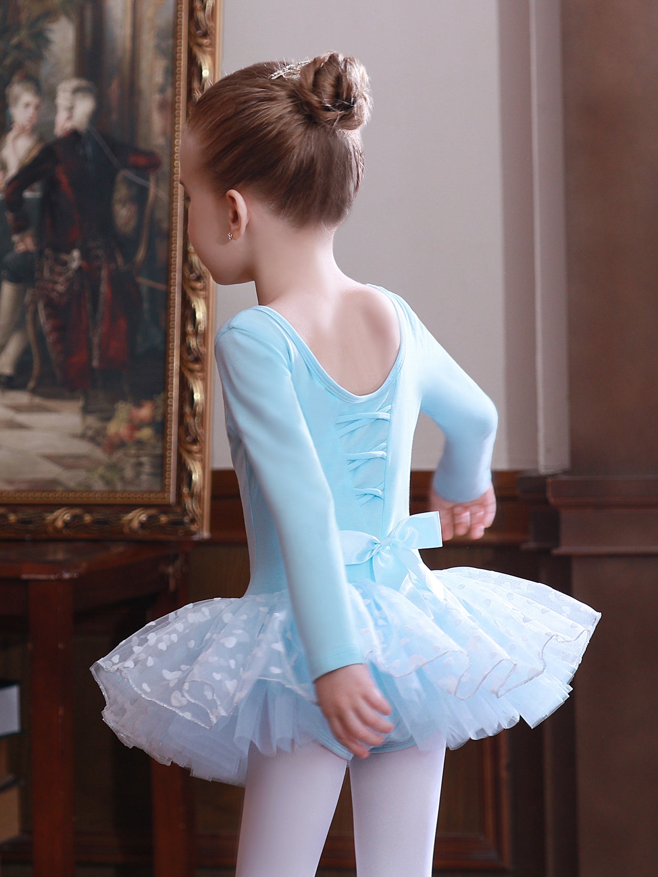 Girl's Bow Tulle Tutu Mesh Ballet Dress Long Sleeve