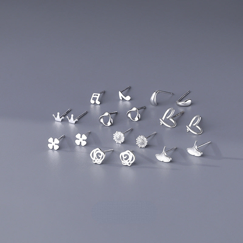 9 Pairs S999 Sterling Silver Mini Stud Earrings for Girls Hypoallergenic