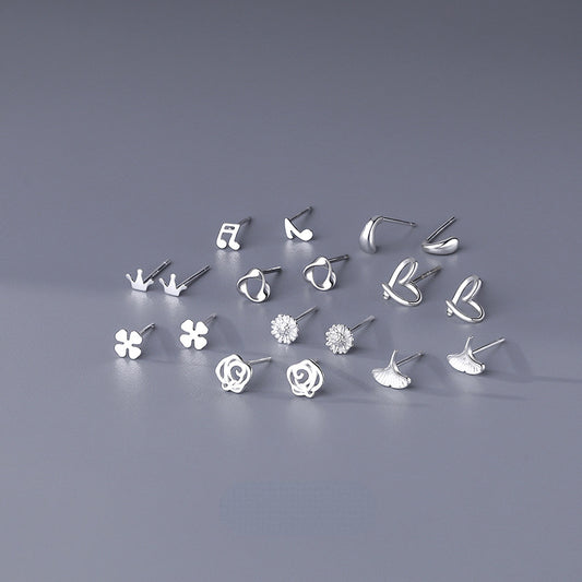 9 Pairs S999 Sterling Silver Mini Stud Earrings for Girls Hypoallergenic