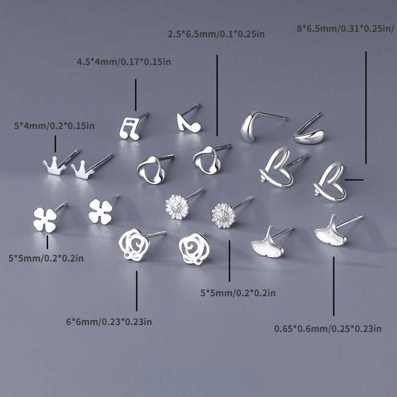 9 Pairs S999 Sterling Silver Mini Stud Earrings for Girls Hypoallergenic