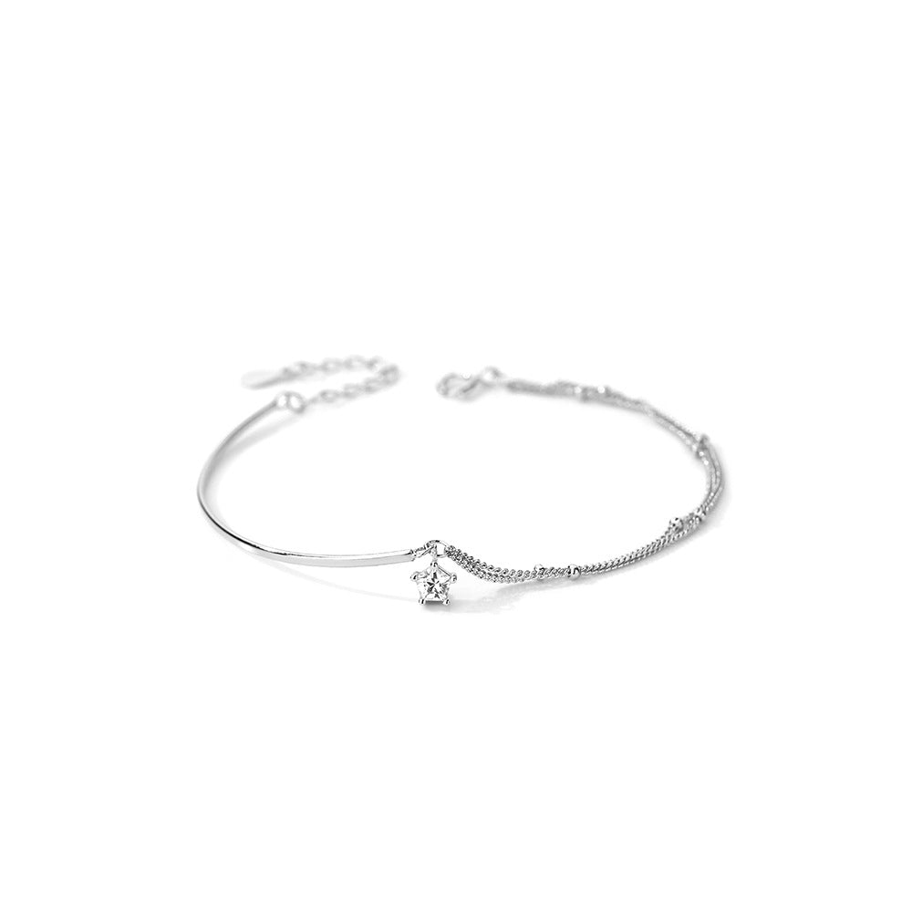 S925 Sterling Silver Double Layer Round Bead Star Sparkling Pendant Bracelet