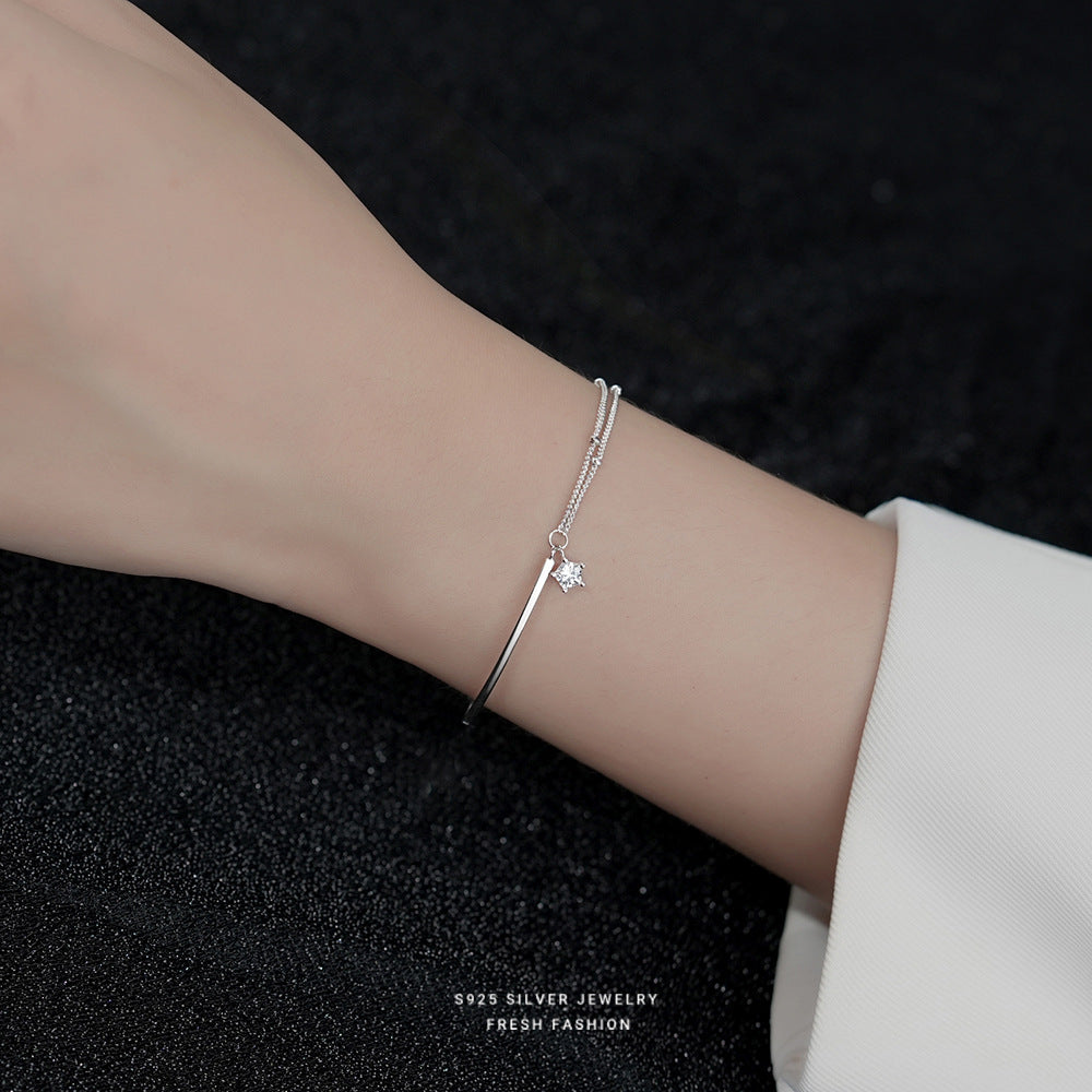 S925 Sterling Silver Double Layer Round Bead Star Sparkling Pendant Bracelet