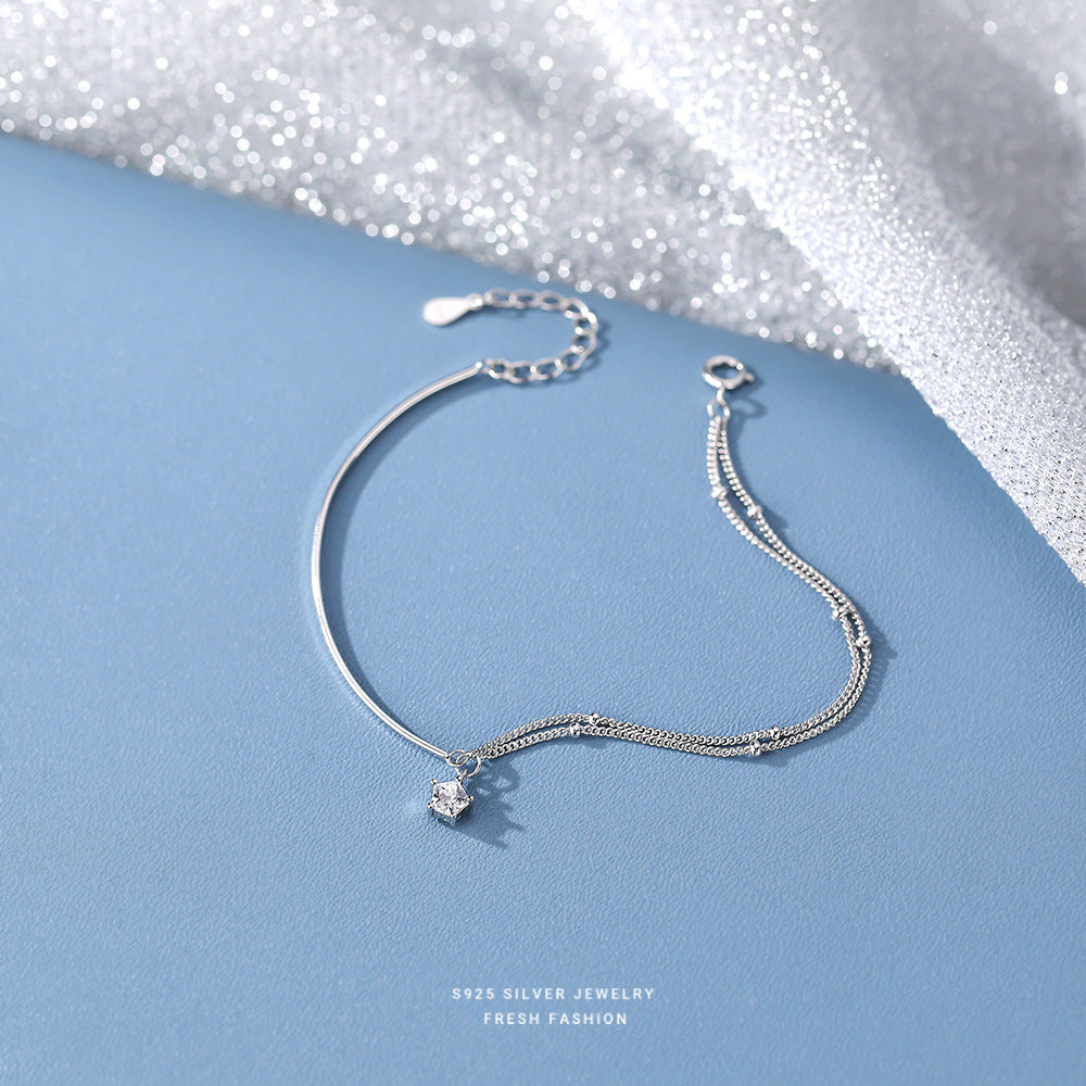 S925 Sterling Silver Double Layer Round Bead Star Sparkling Pendant Bracelet