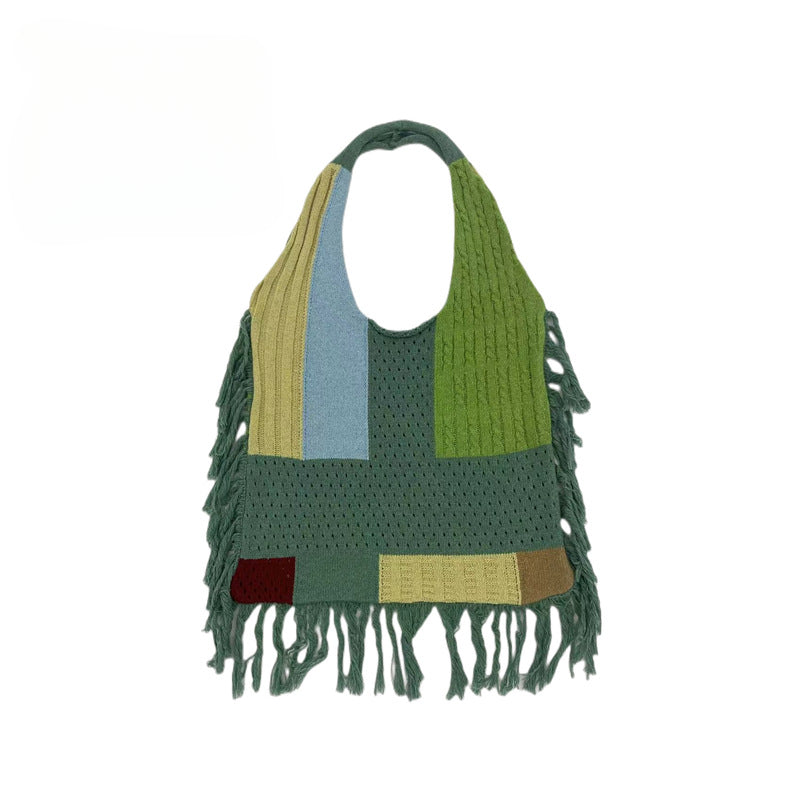 Colorblock Knitted Hobo Bag Large Capacity Retro Shoulder Bag Women's Casual Han