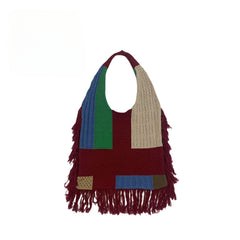 Colorblock Knitted Hobo Bag Large Capacity Retro Shoulder Bag Women's Casual Han