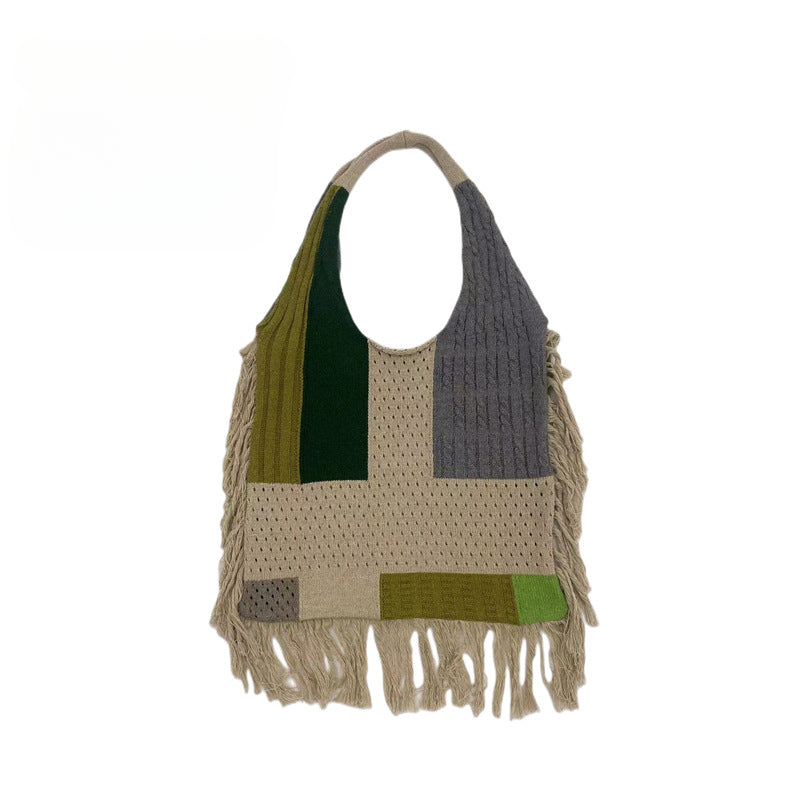 Colorblock Knitted Hobo Bag Large Capacity Retro Shoulder Bag Women's Casual Han