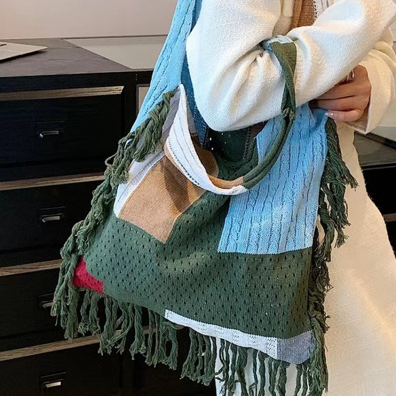 Colorblock Knitted Hobo Bag Large Capacity Retro Shoulder Bag Women's Casual Han
