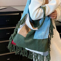 Colorblock Knitted Hobo Bag Large Capacity Retro Shoulder Bag Women's Casual Han