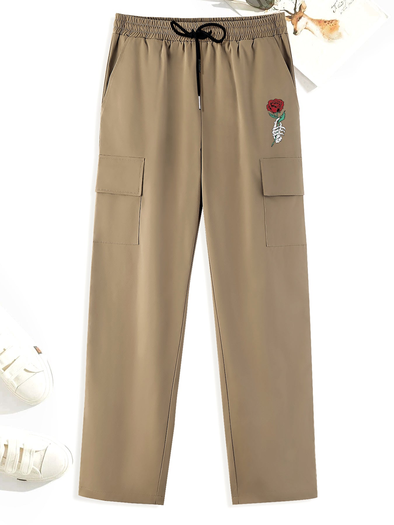 Rose Pattern Cargo Pants Men's Stretch Pocket Casual Pants