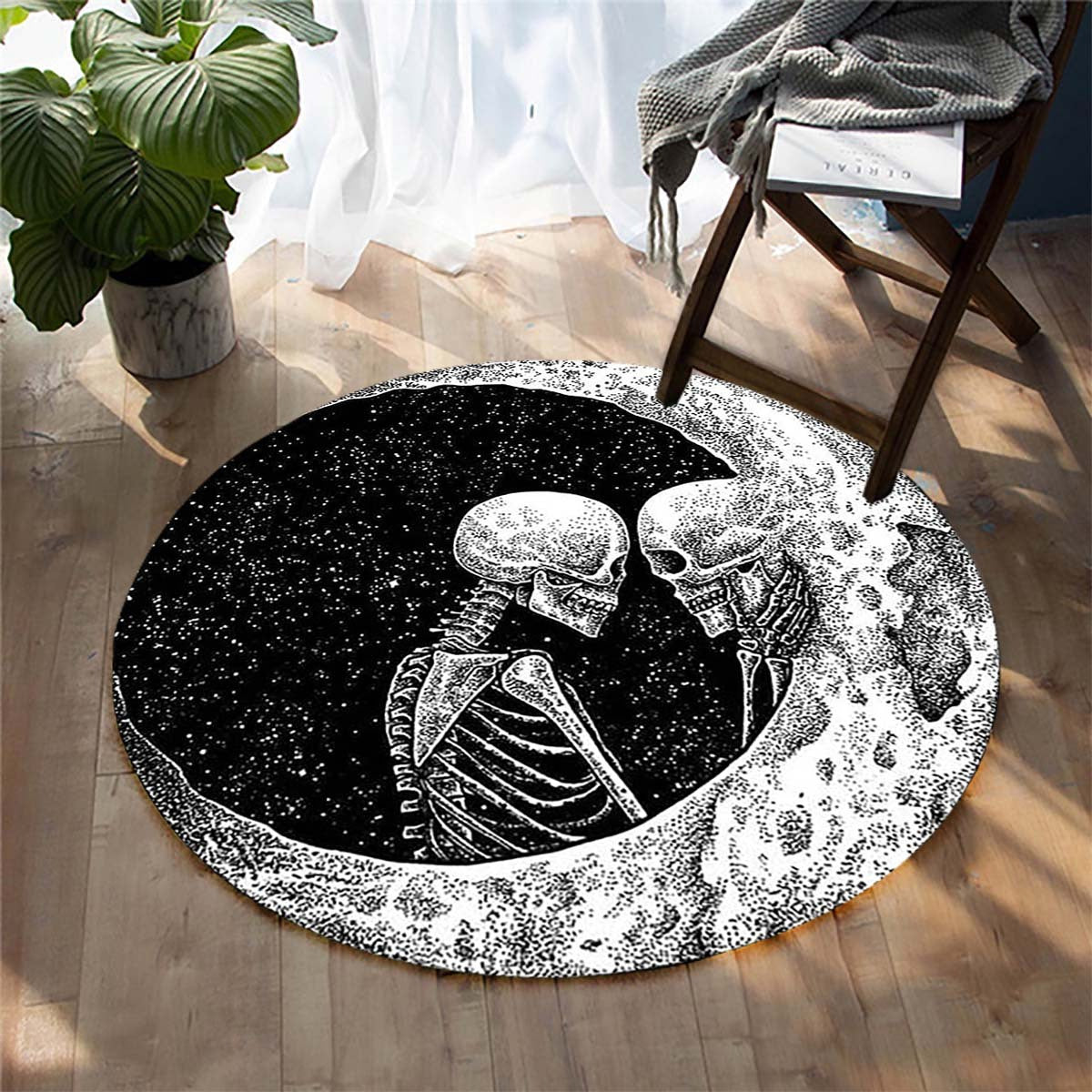 Halloween Round Area Rug Moon Couple Skull Pattern Carpet