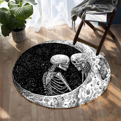 Halloween Round Area Rug Moon Couple Skull Pattern Carpet