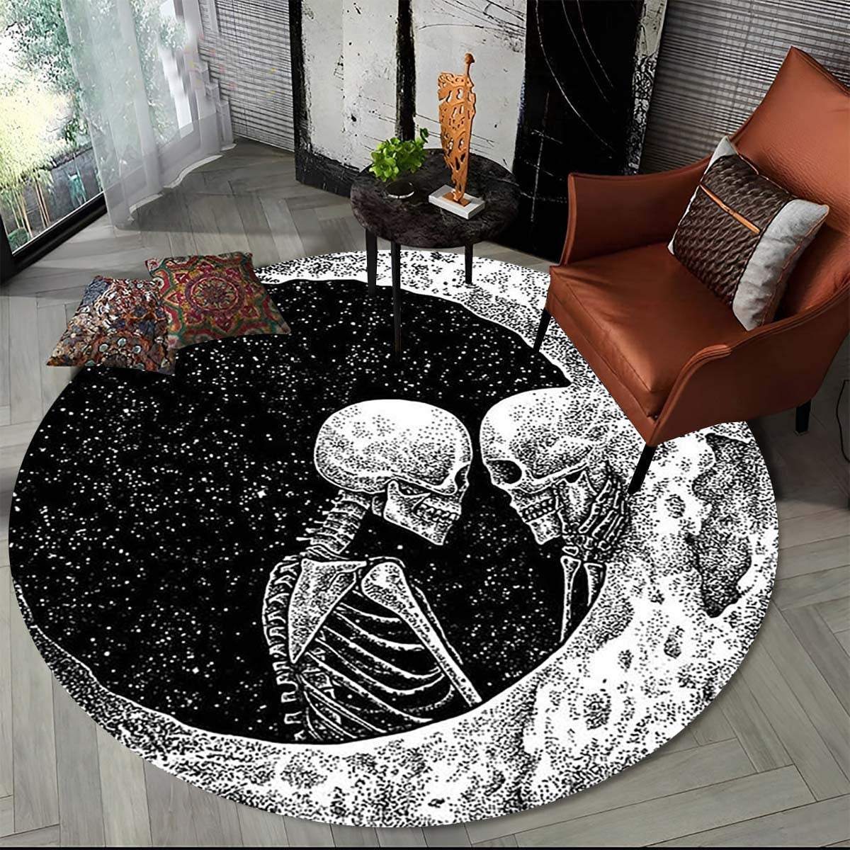 Halloween Round Area Rug Moon Couple Skull Pattern Carpet