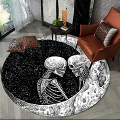 Halloween Round Area Rug Moon Couple Skull Pattern Carpet
