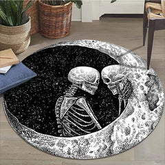 Halloween Round Area Rug Moon Couple Skull Pattern Carpet