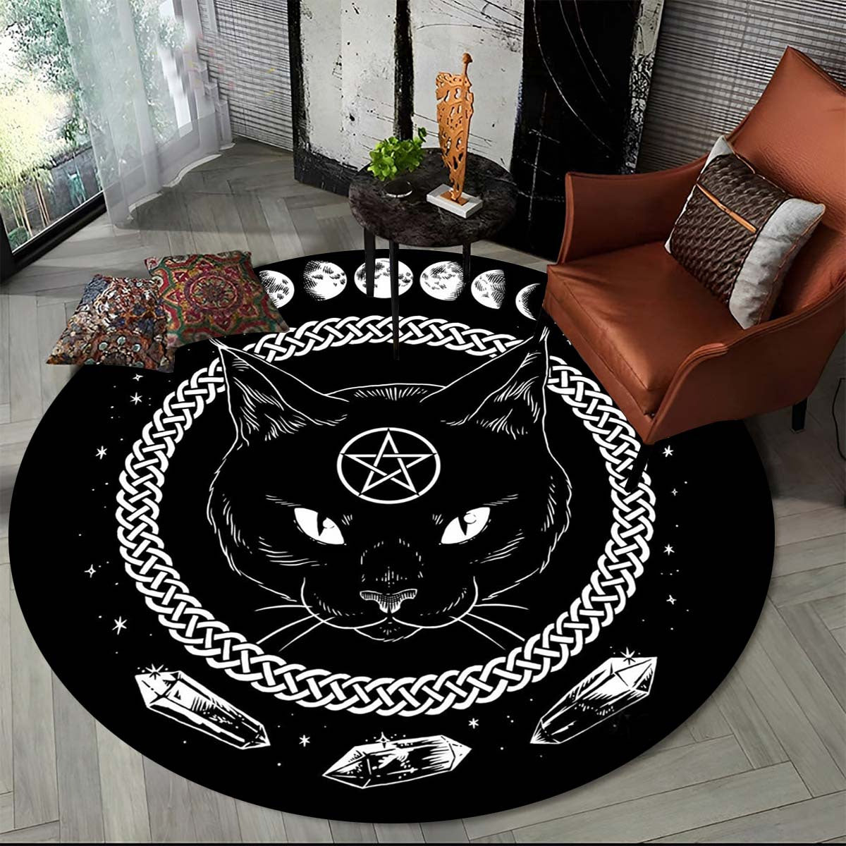 Cat Round Area Rug Moon Phase Carpet Witchy Decor Soft Non Slip