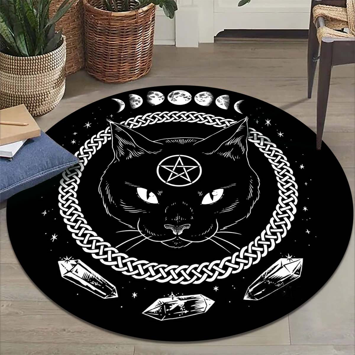 Cat Round Area Rug Moon Phase Carpet Witchy Decor Soft Non Slip