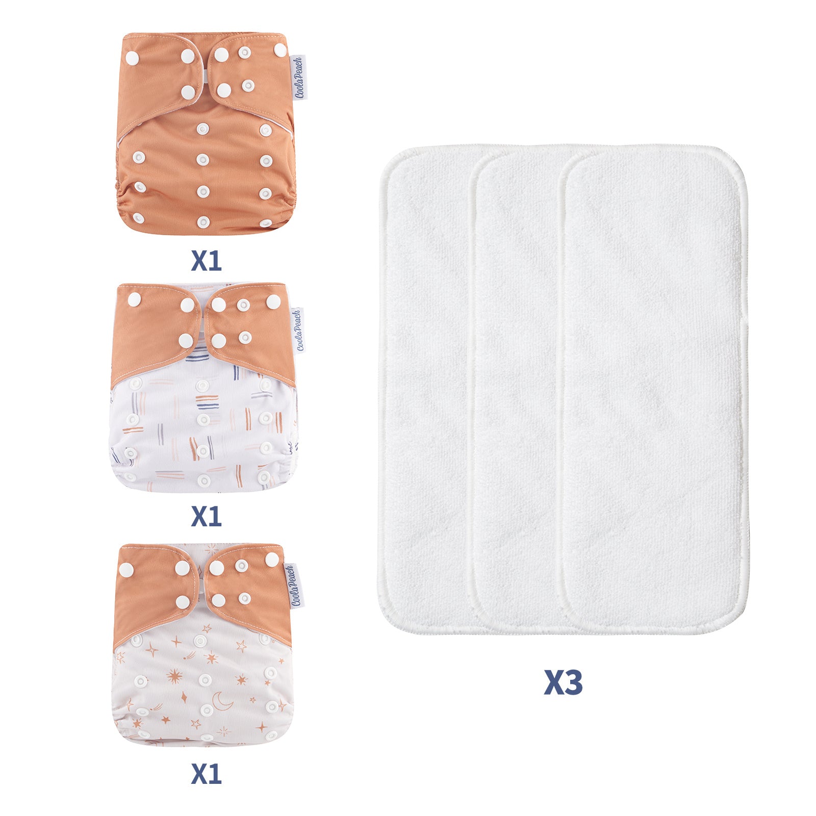 Coolapeach 3pcs Set Washable Baby Cloth Diaper With Inserts