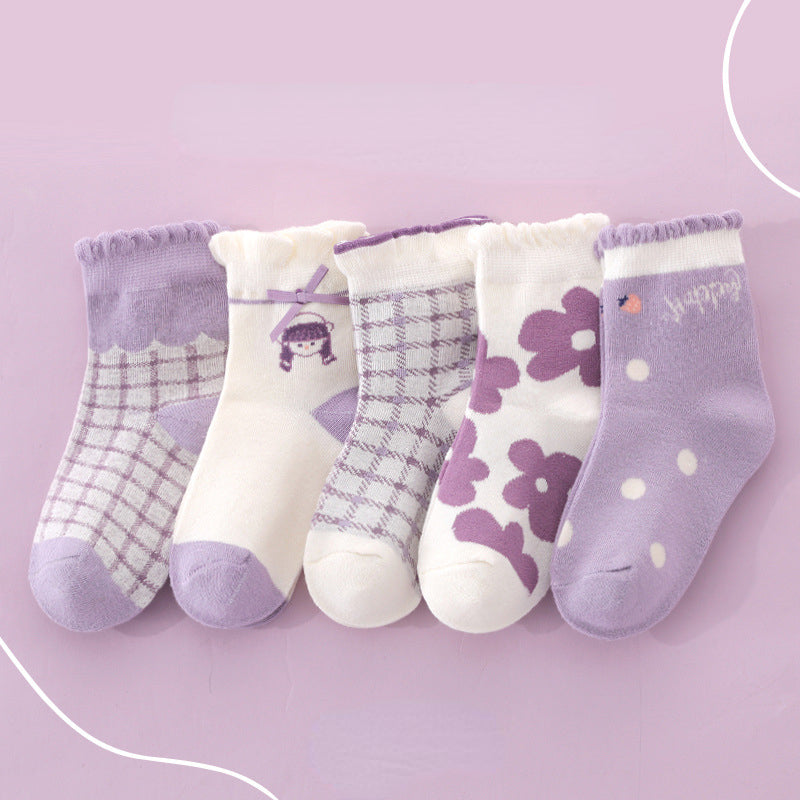 5 Pairs Girls Kids Cartoon Crew Socks for Autumn/Winter