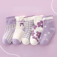 5 Pairs Girls Kids Cartoon Crew Socks for Autumn/Winter