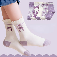 5 Pairs Girls Kids Cartoon Crew Socks for Autumn/Winter