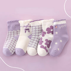 5 Pairs Girls Kids Cartoon Crew Socks for Autumn/Winter
