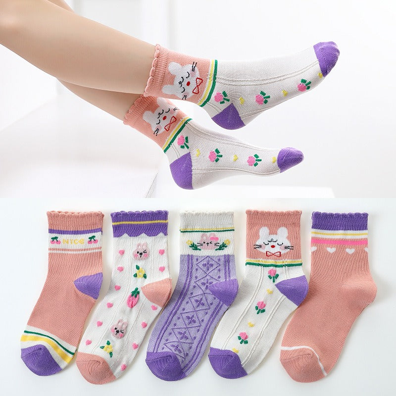 5-Pack Girls Cartoon Rabbit Crew Socks for Autumn Winter