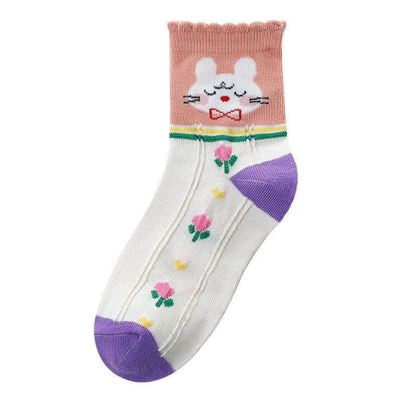 5-Pack Girls Cartoon Rabbit Crew Socks for Autumn Winter