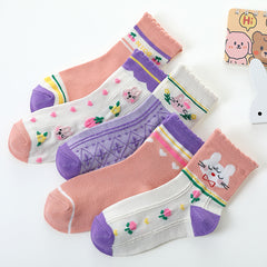 5-Pack Girls Cartoon Rabbit Crew Socks for Autumn Winter