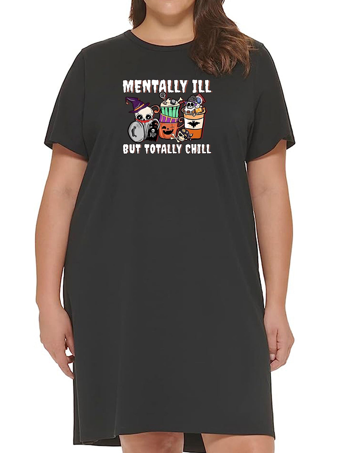 Halloween Nightdress Women's Witch Hat & Skull Coffee Tee Dress
