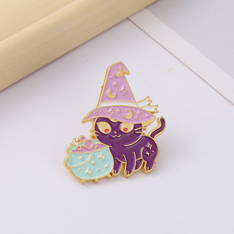 Moon Witch Hat Cat Enmael Painted Pin Clothing Accessories