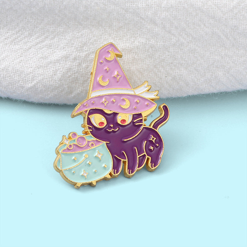 Moon Witch Hat Cat Enmael Painted Pin Clothing Accessories
