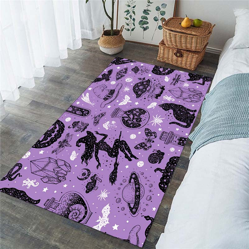 Purple Halloween Party Rug Witch Bat Cat Pattern Kitchen Carpet Mat