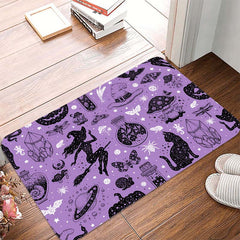 Purple Halloween Party Rug Witch Bat Cat Pattern Kitchen Carpet Mat