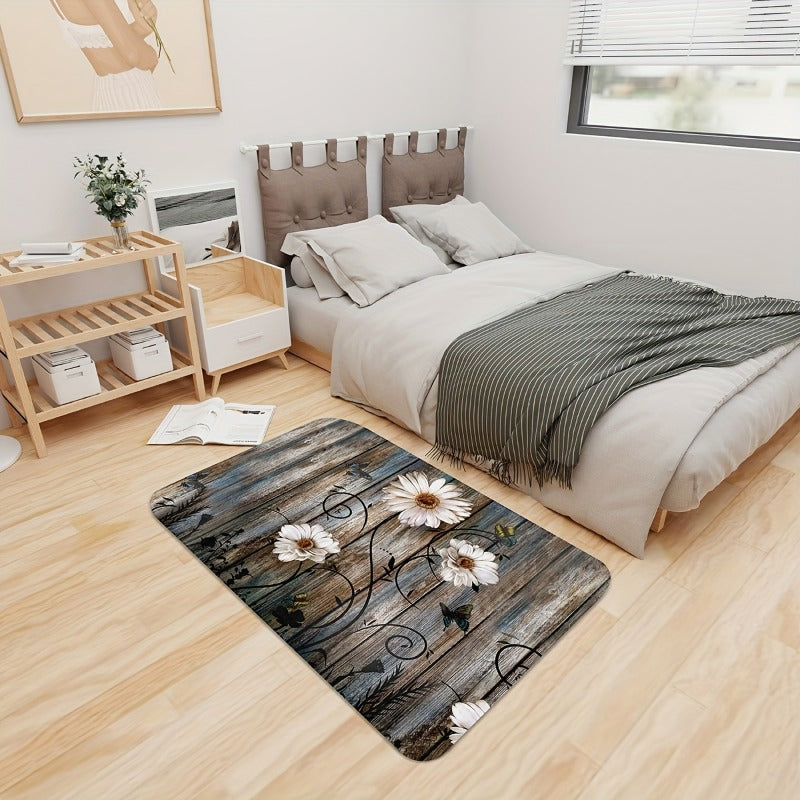 Soft Floral Mat Non Slip Vintage Flower Wooden Printed Rug