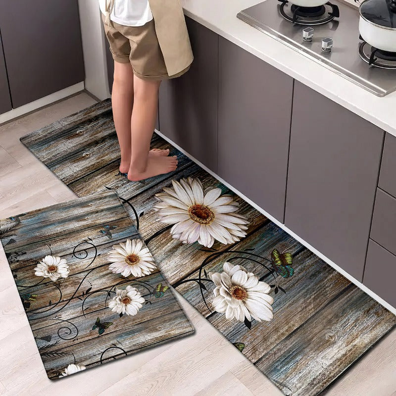 Soft Floral Mat Non Slip Vintage Flower Wooden Printed Rug