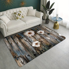 Soft Floral Mat Non Slip Vintage Flower Wooden Printed Rug