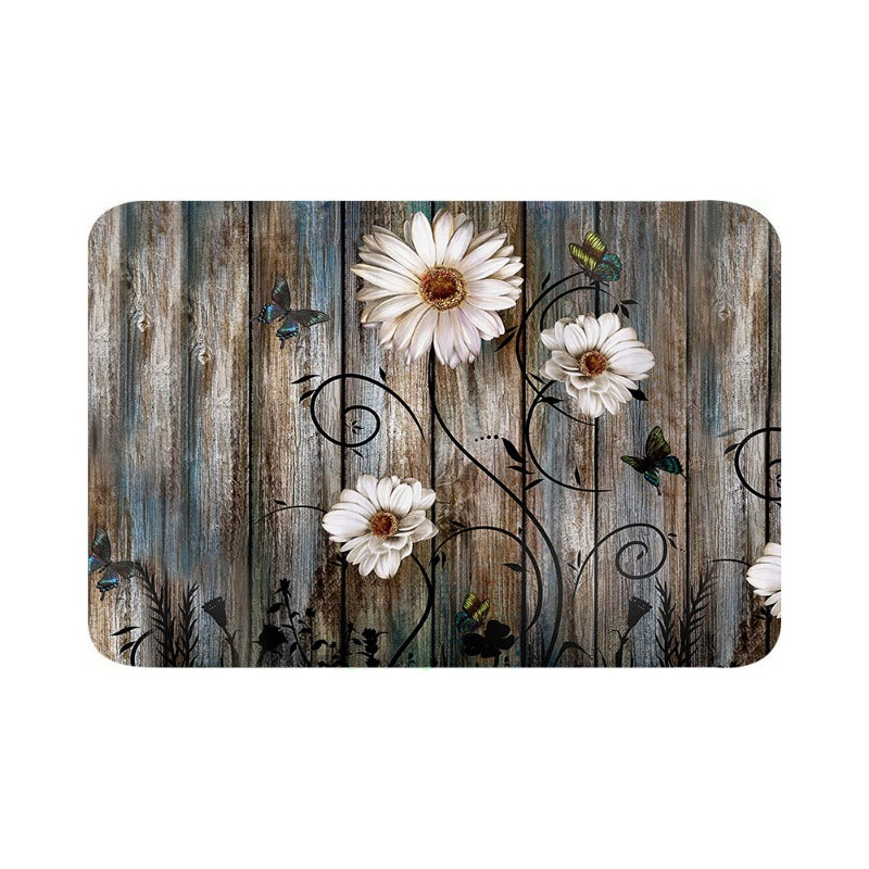 Soft Floral Mat Non Slip Vintage Flower Wooden Printed Rug