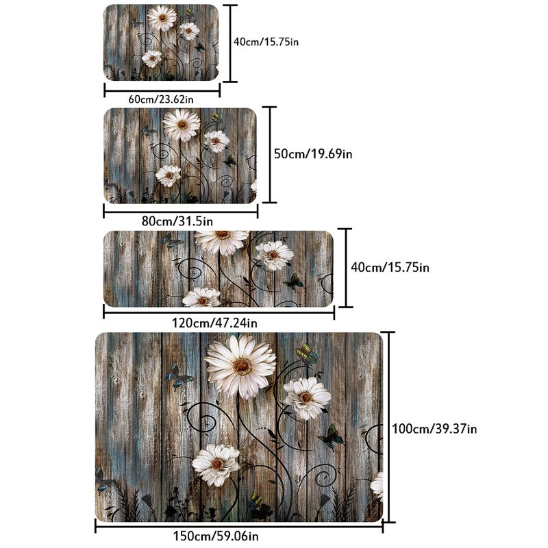 Soft Floral Mat Non Slip Vintage Flower Wooden Printed Rug
