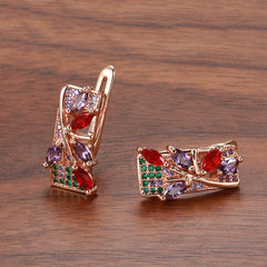 Golden Flower Drop Earrings with Colorful Zircon