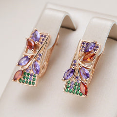 Golden Flower Drop Earrings with Colorful Zircon