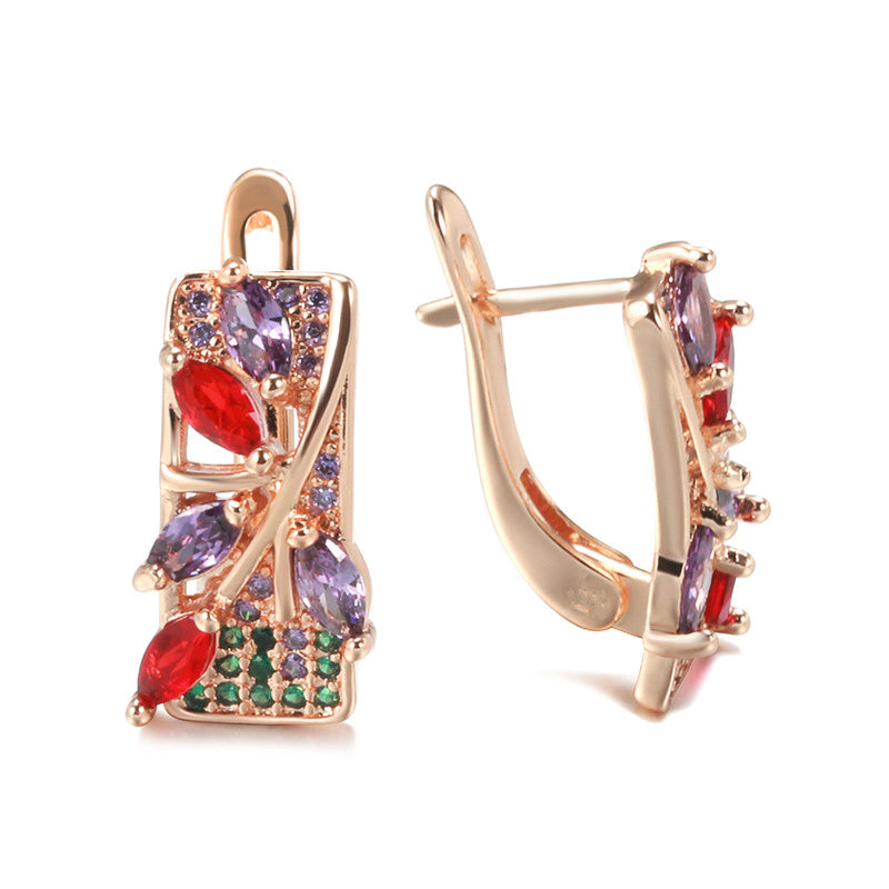 Golden Flower Drop Earrings with Colorful Zircon