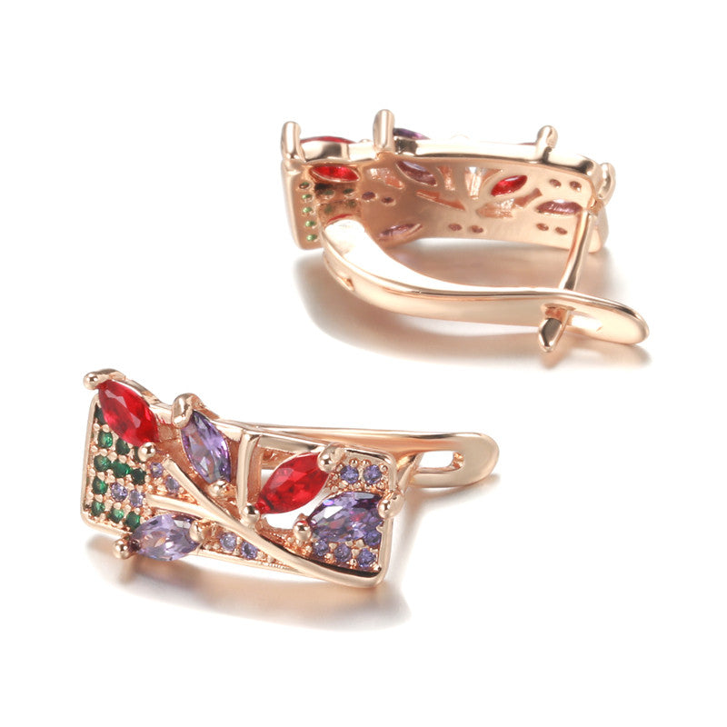 Golden Flower Drop Earrings with Colorful Zircon