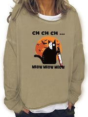 Halloween Cat Print Sweatshirt Long Sleeve Crew Neck