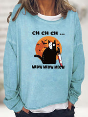 Halloween Cat Print Sweatshirt Long Sleeve Crew Neck
