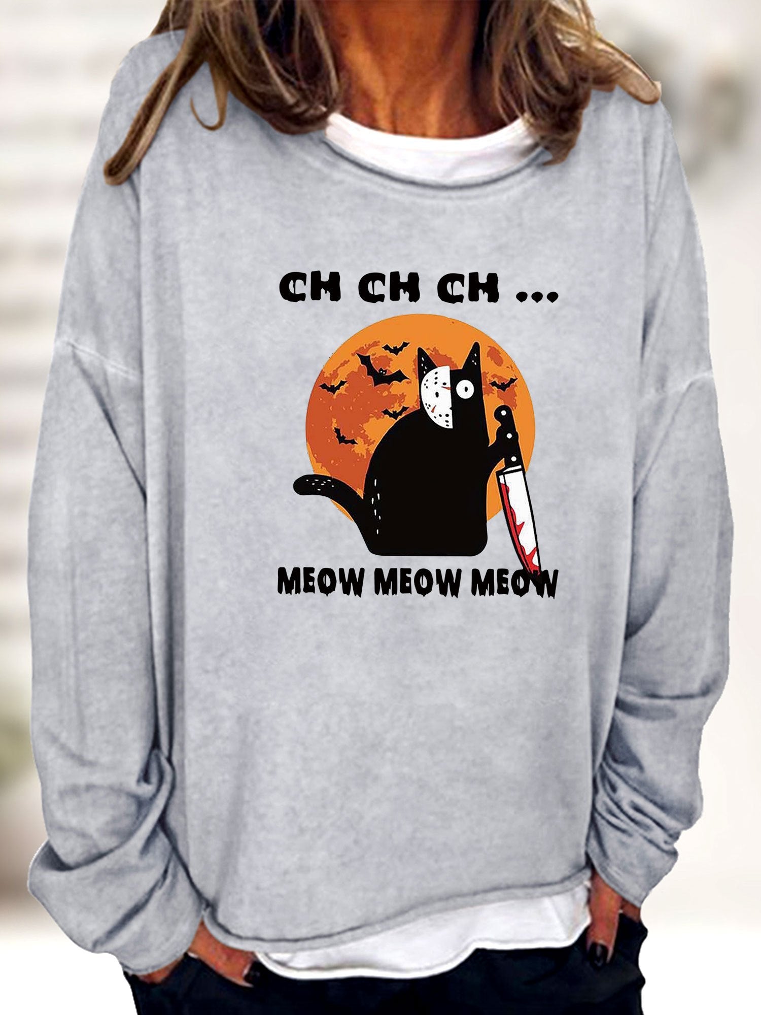 Halloween Cat Print Sweatshirt Long Sleeve Crew Neck